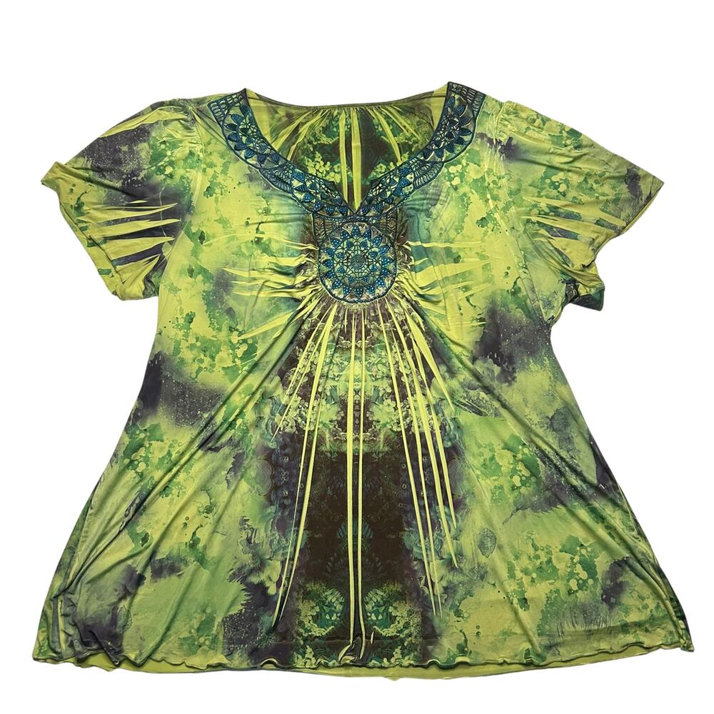 Lime Green Fairycore 2X Beaded Lace Tunic Blouse Whimsygoth Y2K Festival Boho